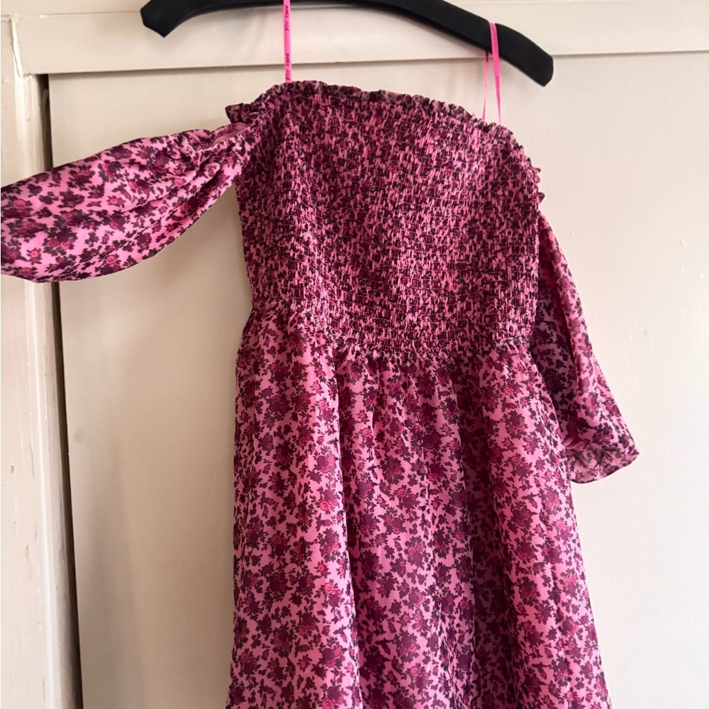 Betsey Johnson Pink Floral Puff Sleeve Smocked Mini Dress size Lg whimsical - Picture 4 of 10